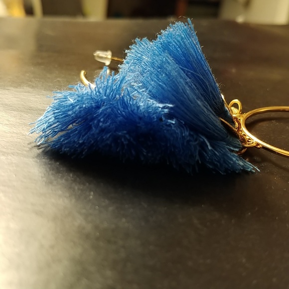 β€π Gold & mid Blue Coin Tassel Boho Hoop Earrings - Picture 4 of 4